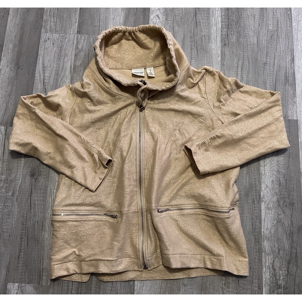 Chicos Tan Gold Metallic‎ Coat Cardigan Medium Zenergy Zip Up Cowl Neck